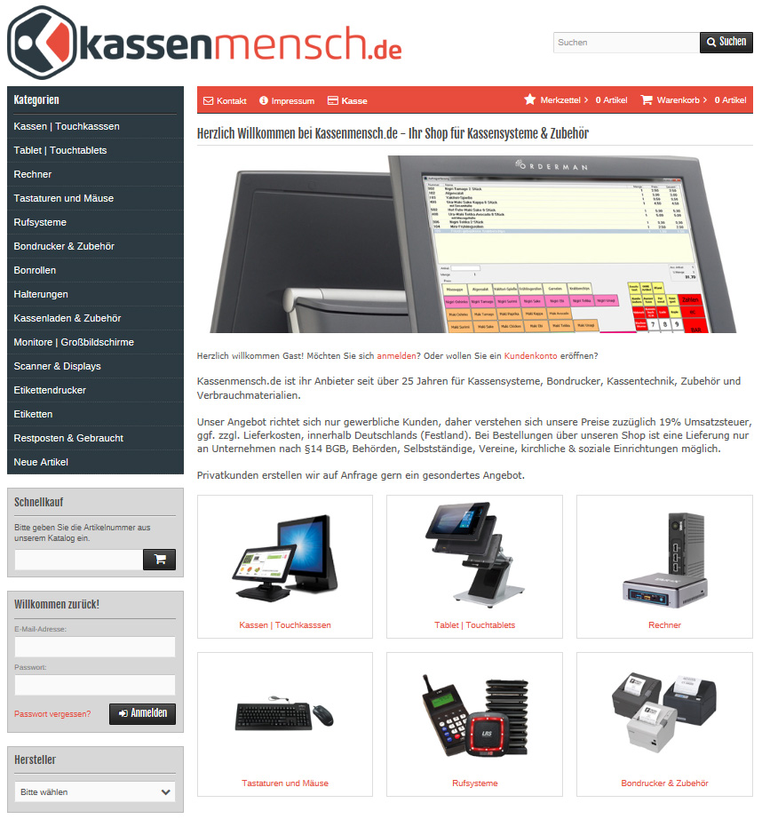 Kassenmensch.de ist ihr Anbieter seit über 25 Jahren für Kassensysteme, Bondrucker, Kassentechnik, Zubehör und Verbrauchmaterialien.