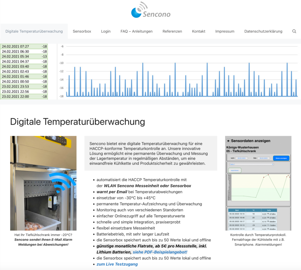 Sencono bietet eine digitale Temperaturüberwachung für eine HACCP-konforme Temperaturkontrolle an. Unsere innovative Lösung ermöglicht eine permanente Überwachung und Messung der Lagertemperatur in regelmäßigen Abständen, um eine einwandfreie Kühlkette und Produktsicherheit zu gewährleisten.